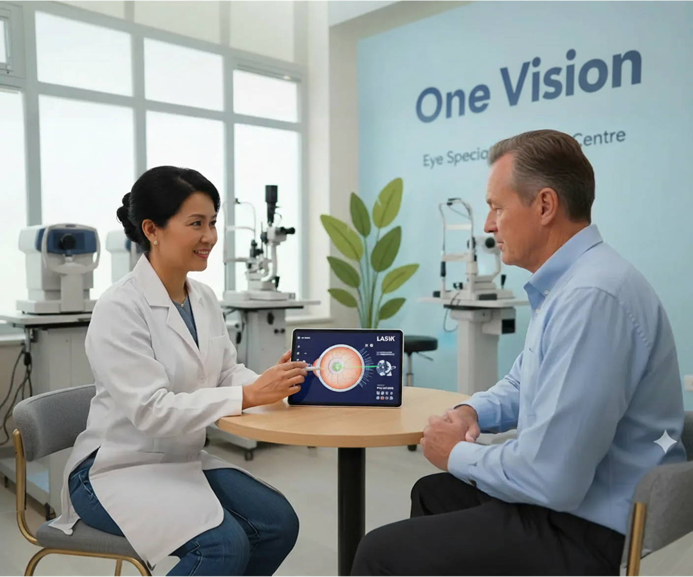 Asian ophtalmologist explaining LASIK surgery to a patient