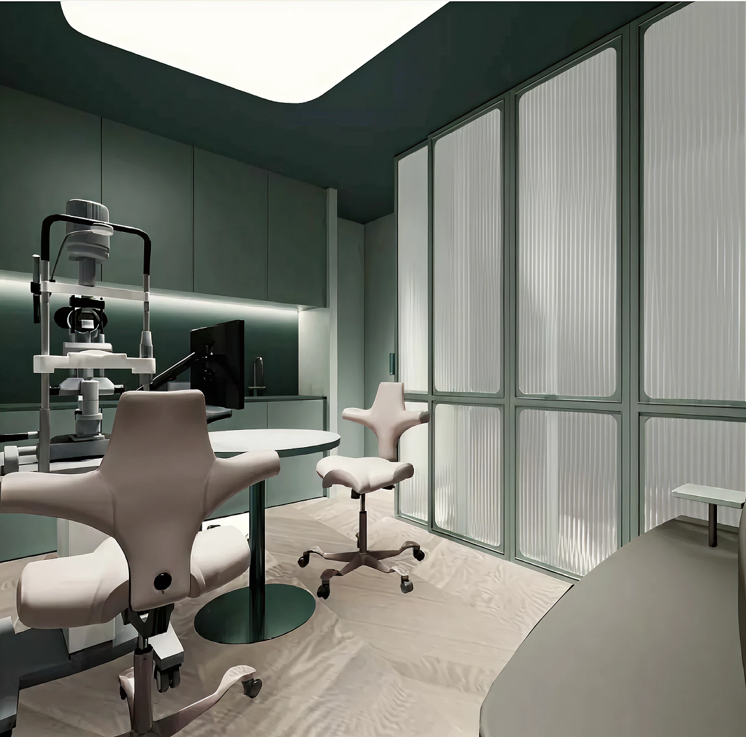 male ophtalmologist fitting trial lens frame for senior female